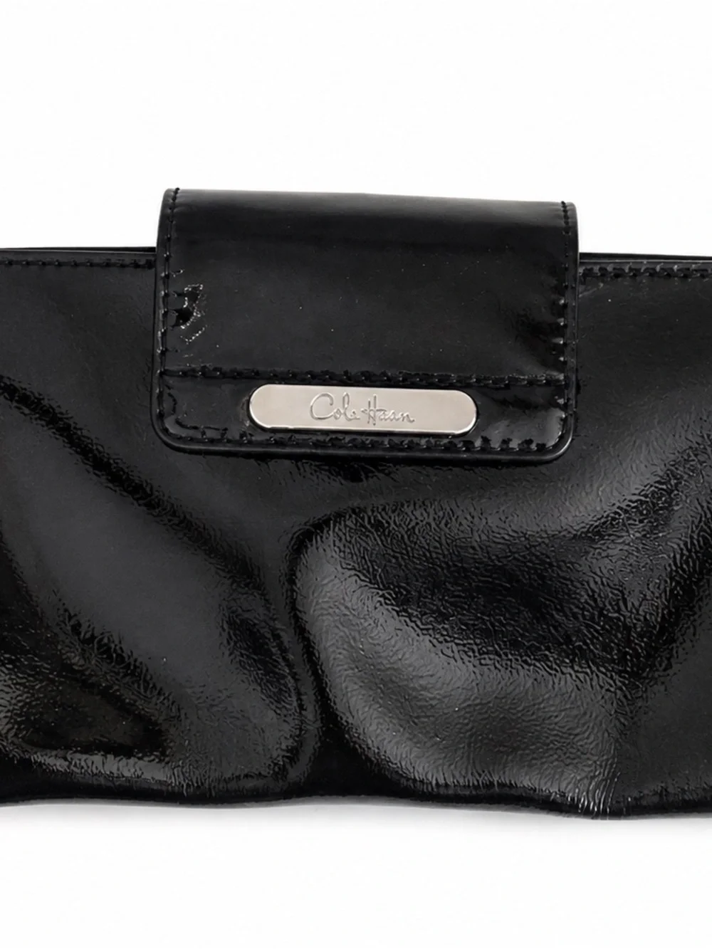 Cole Haan Black Patent Leather Wristlet Clutch with Metal Logo Plaque
